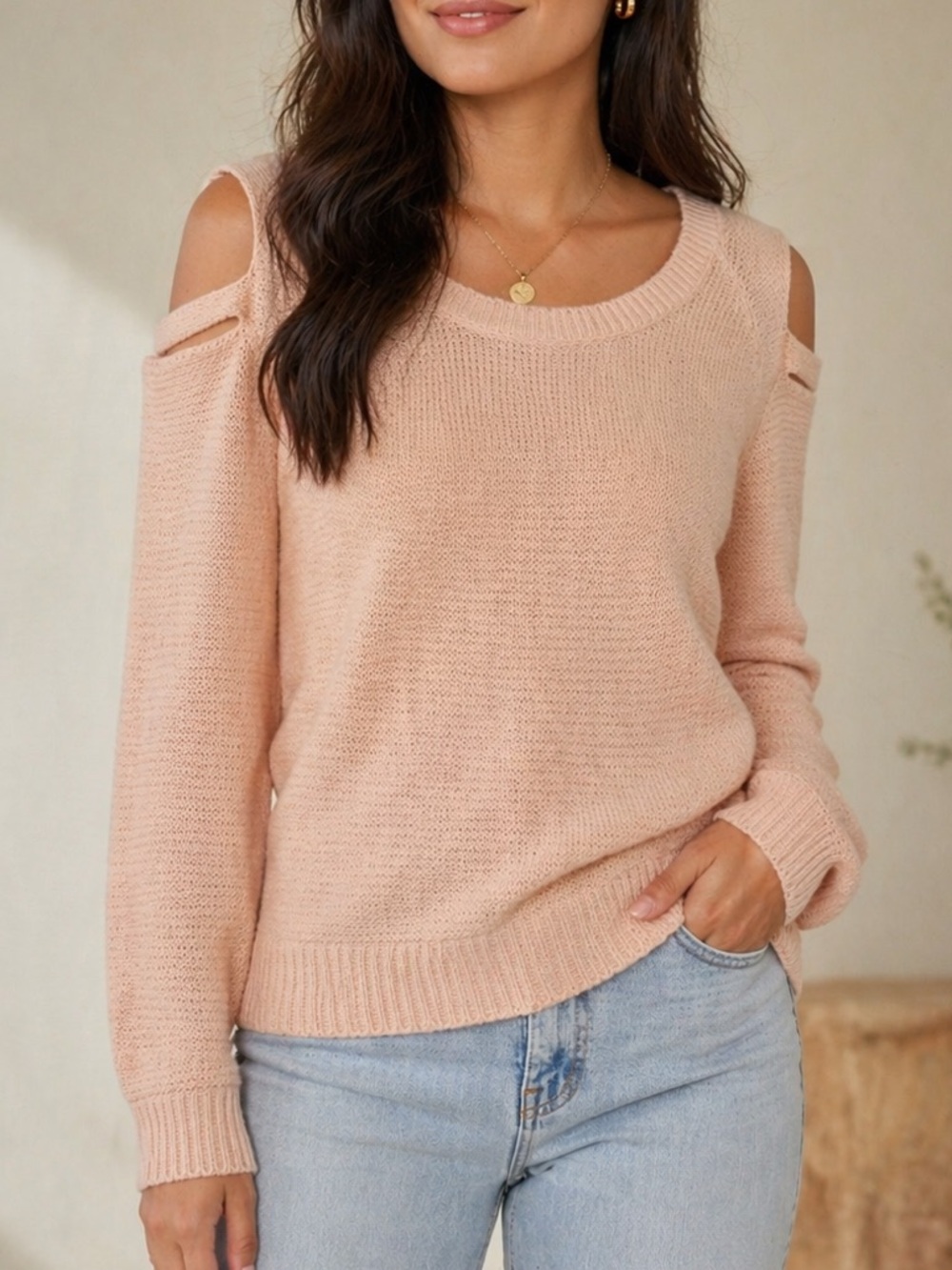 Venus Womens Dusty Pink Cold Shoulder Knit Lightweight Pullover Sweater, Size S